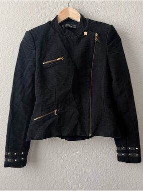 Zara Trafaluc Black Moto Jacket with Gold Hardware and Stud Sleeves